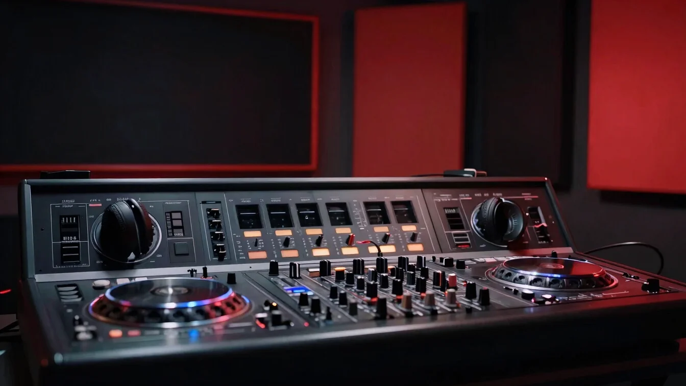 Cinematic editorial photograph of a DJ working at a modern radio