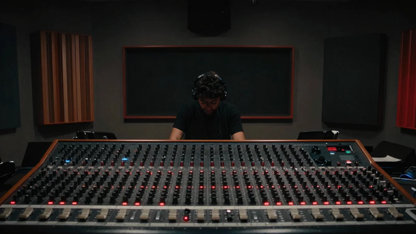 Cinematic editorial photography, a musician seated in a dark radio studio, chrome reflections on a mixing console, restr