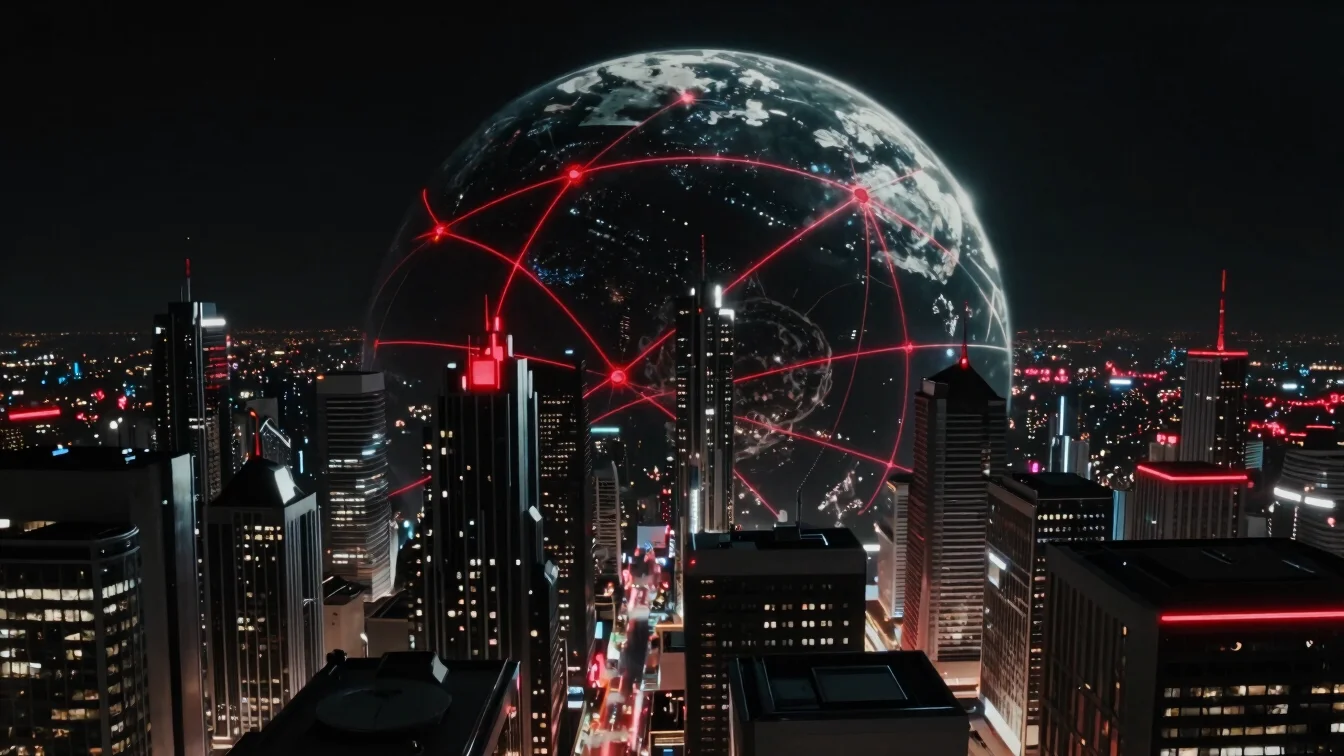 Cinematic panoramic view of a futuristic metropolis at night beneath a connected Earth, deep black and chrome tones, res