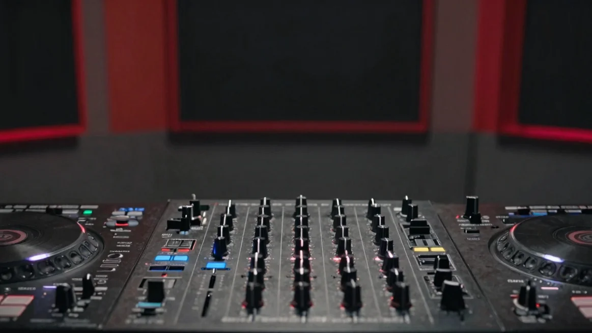 Cinematic editorial photography of a DJ console in a modern radio studio, crisp studio highlights, chrome surfaces, rest